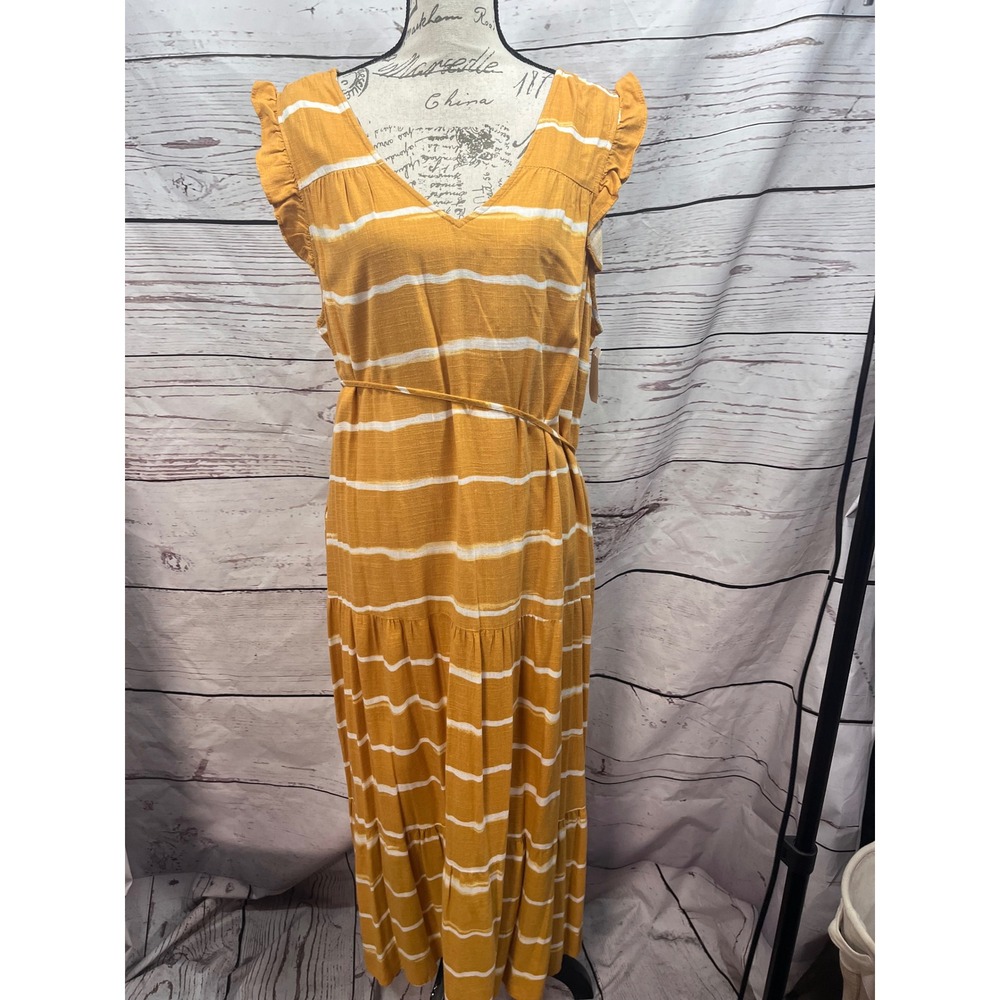 Simply Vera Vera Wang Gold White Striped Linen Blend Tiered Maxi Dress XXL NWT